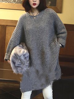 Asymmetrical Round Neck Plain Asymmetrical Acrylic Midi Dresses (Style V200289)