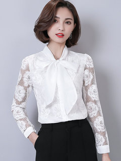 Stand Collar Standard Slim Plain Lace Blouse (Style V200290)