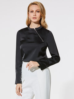 Stand Collar Standard Slim Polyester Zipper Blouse (Style V200297)