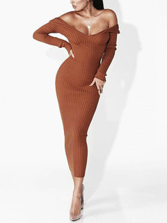 Bodycon V-neck Plain Backless Bodycon Dresses (Style V200302)