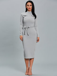 Sheath Turtleneck Plain Strappy Midi Dresses (Style V200304)