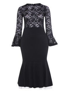 Mermaid Round Neck Plain Patchwork Midi Dresses (Style V200311)