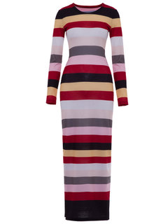 Pencil Round Neck Striped Patchwork Maxi Dresses (Style V200324)