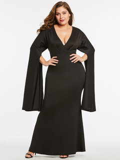 Trumpet V-neck Plain Polyester Maxi Dresses (Style V200329)