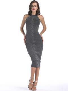 Sheath Round Neck Plain Midi Dresses (Style V200346)