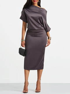 Straight Off The Shoulder Plain Midi Dresses (Style V200354)