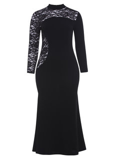 Trumpet Round Neck Plain Patchwork Lace Maxi Dresses (Style V200358)