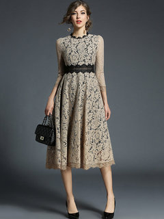 Trumpet Round Neck Patchwork Midi Dresses (Style V200363)