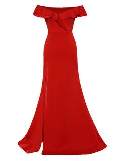 Trumpet Off The Shoulder Plain Backless Polyester Maxi Dresses (Style V200372)