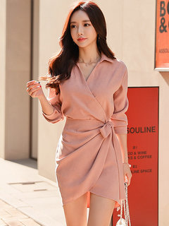 Asymmetrical Lapel Plain Strappy Mini Dresses (Style V200373)