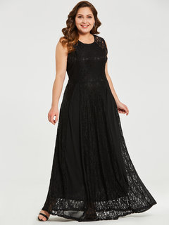 Expansion Round Neck Plain Patchwork Lace Maxi Dresses (Style V200378)