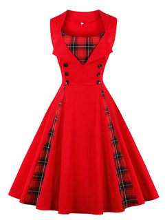 A-line Plaid Patchwork Cotton Blends Midi Dresses (Style V200381)