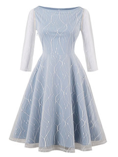 A-line Round Neck Color Block Patchwork Polyester Midi Dresses (Style V200382)