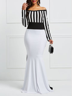 Trumpet Off The Shoulder Striped Backless Maxi Dresses (Style V200386)