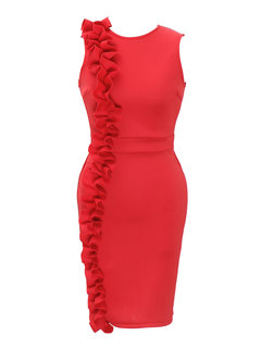 Bodycon Round Neck Plain Wavy Edge Knee Length Dresses (Style V200394)