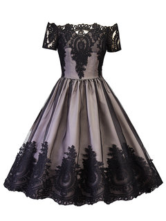 Vintage A-line Off The Shoulder Color Block Backless Knee Length Dresses (Style V200398)