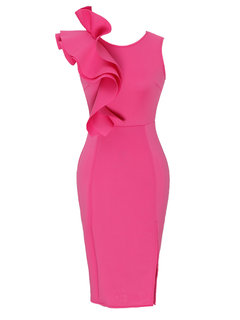 Bodycon Round Neck Plain Cascading Ruffle Bodycon Dresses (Style V200399)