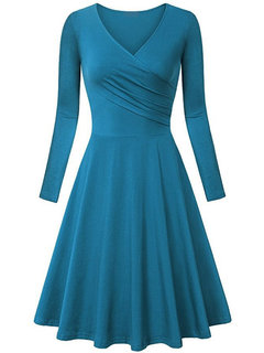 Trumpet V-neck Plain Ruffle Knee Length Dresses (Style V200401)