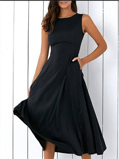 Expansion Round Neck Plain Midi Dresses (Style V200407)