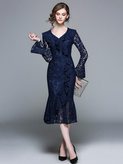 Mermaid V-neck Lace Midi Dresses (Style V200410)