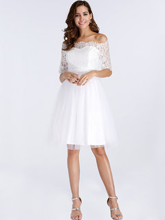 A-line Off The Shoulder Patchwork Knee Length Dresses (Style V200423)