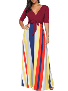 Trumpet V-neck Striped Patchwork Maxi Dresses (Style V200433)
