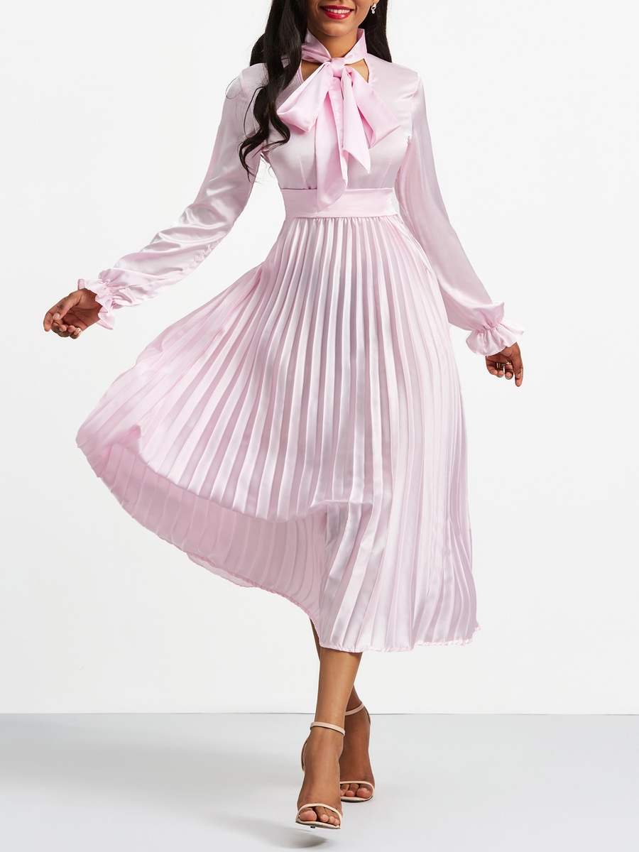 Pink Pleated Bow Collar Plain Ruffle Maxi Dresses (Style V200437 ...