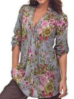 V-neck Midi Loose Floral Pattern Blouse (Style V200445)