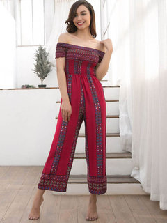 Ankle Length Loose Tribal Polyester Backless Jumpsuit (Style V200456)