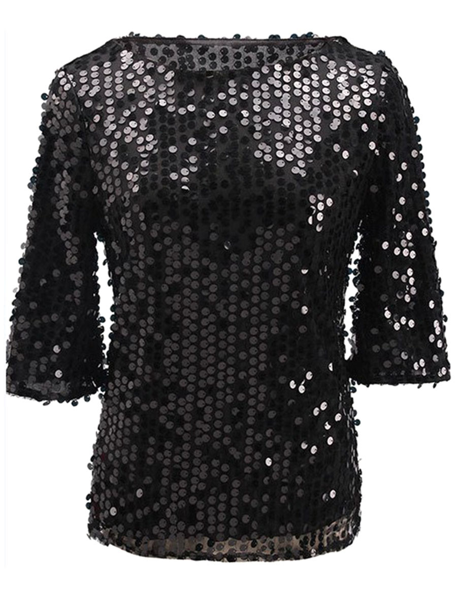 Black Round Neck Standard Slim Sequin T Shirt (Style V200457) - VEDACHIC