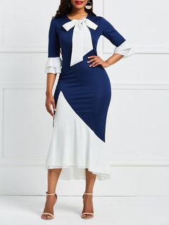 Mermaid Round Neck Color Block Patchwork Midi Dresses (Style V200458)