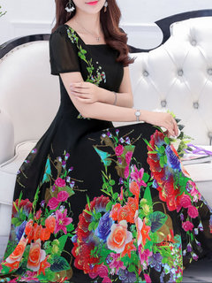 Trumpet Square Neck Floral Print Floral Dresses (Style V200459)
