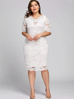 Bodycon V-neck Plain Patchwork Knee Length Dresses (Style V200460)