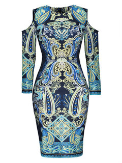 Work Bodycon Round Neck Color Block Print Knee Length Dresses (Style V200461)