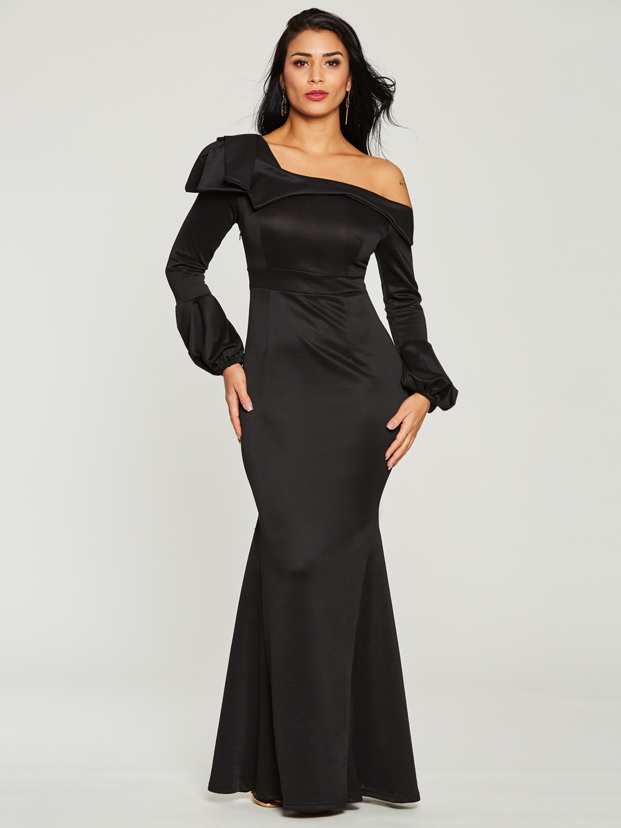 Black Trumpet One Shoulder Plain Backless Maxi Dresses (Style V200462 ...