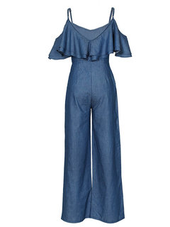 Maxi Loose Plain Denim Backless Jumpsuit (Style V200466)