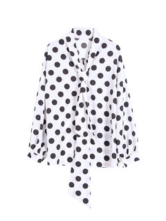 Midi Straight Polka Dot Cotton Blends Asymmetrical Blouse (Style V200476)