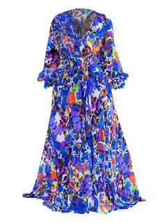 Expansion V-neck Leopard Print Maxi Dresses (Style V200478)