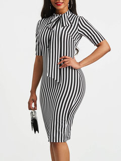 Bodycon Bow Collar Striped Bow Bodycon Dresses (Style V200481)