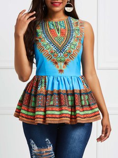 Round Neck Standard Slim Tribal Patchwork T Shirt (Style V200482)