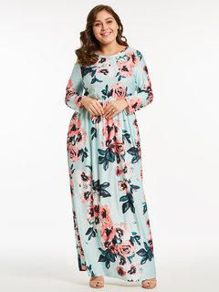 Expansion Round Neck Floral Print Milk Fiber Maxi Dresses (Style V200485)