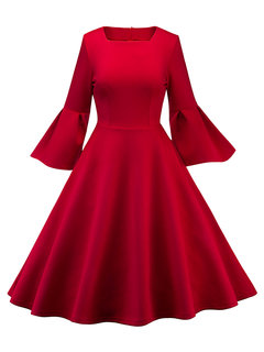 Expansion Square Neck Plain Zipper Knee Length Dresses (Style V200487)