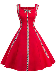 Expansion Square Neck Geometric Print Polyester Knee Length Dresses (Style V200489)