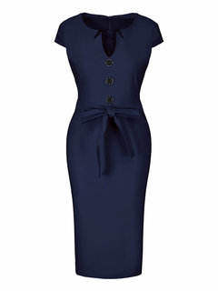 Pencil Plain Button Knee Length Dresses (Style V200495)