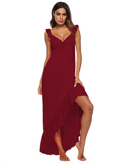 Asymmetrical V-neck Plain Asymmetrical Maxi Dresses (Style V200503)