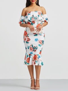 Work Mermaid Off The Shoulder Floral Backless Work Dresses (Style V200508)