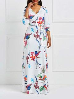 Travel Look Expansion V-neck Print Milk Fiber Maxi Dresses (Style V200511)