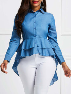 Shawl Collar Long Plain Polyester Asymmetrical Blouse (Style V200518)