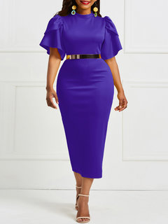 Office Stand Collar Plain Patchwork Polyester Work Dresses (Style V200524)