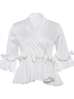 V-neck Standard Slim Cascading Ruffle Blouse (Style V200525)